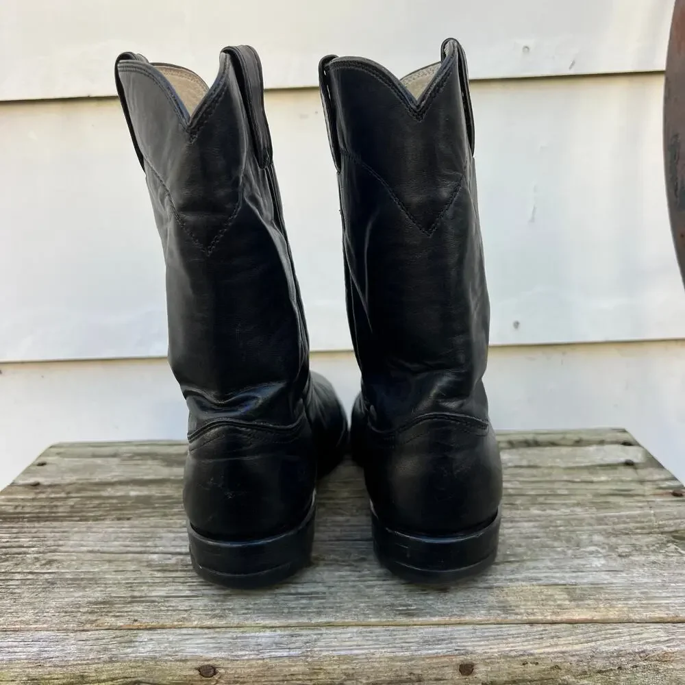 Vintage Justin Boots Black Roper Pull On Round Toe Cowboy Western 3133 8 1/2 D